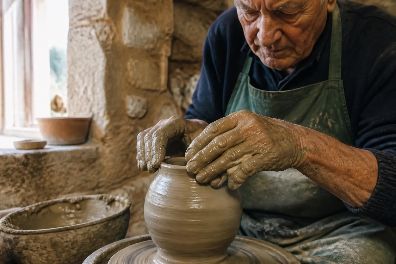 Un potier façonne un vase de terre sur son tour, dans un atelier de pierre baigné de lumière.