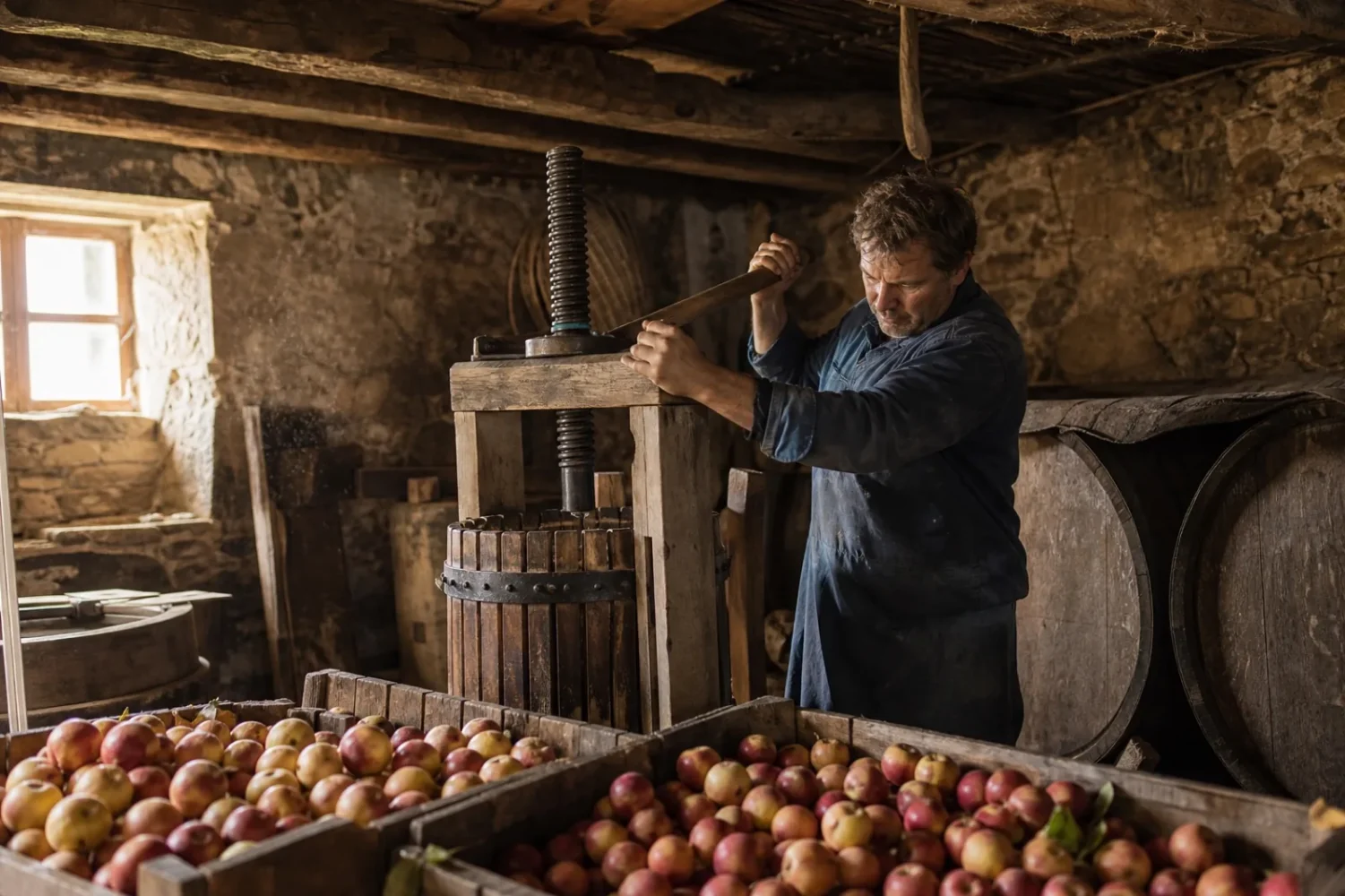 Un producteur breton presse des pommes dans un vieux pressoir en bois, entouré de caisses de fruits et de fûts.