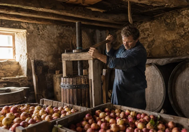 Un producteur breton presse des pommes dans un vieux pressoir en bois, entouré de caisses de fruits et de fûts.