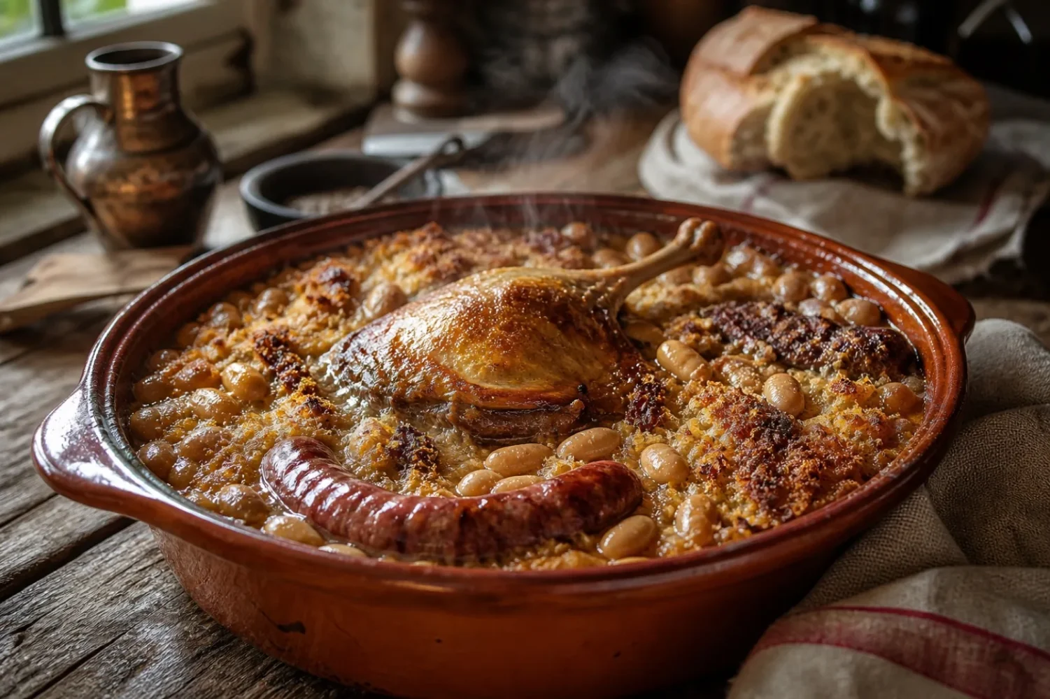Cassoulet en train de mijoter dans un plat en terre cuite, avec haricots, confit de canard et saucisse.