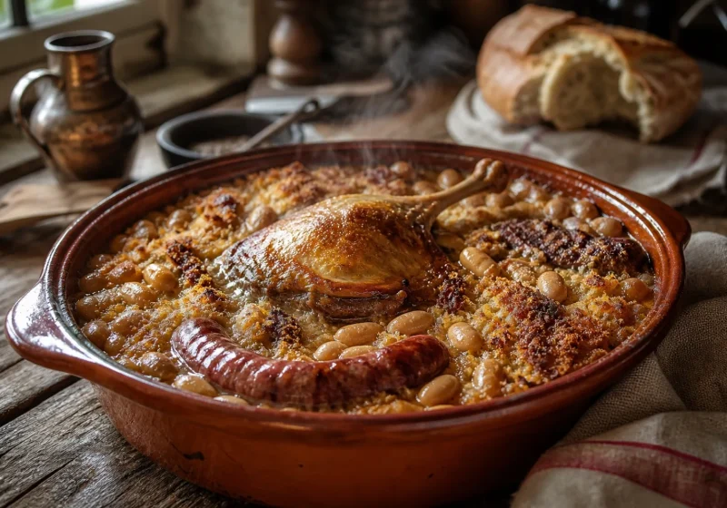 Cassoulet en train de mijoter dans un plat en terre cuite, avec haricots, confit de canard et saucisse.