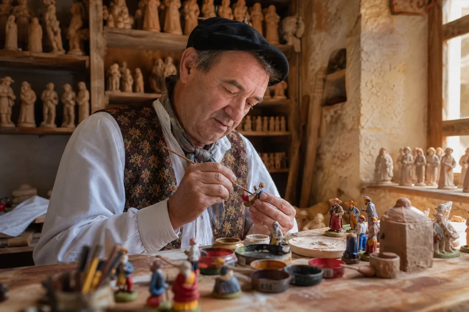 Un santonnier peint au pinceau fin de petites figurines d'argile en costume provençal.