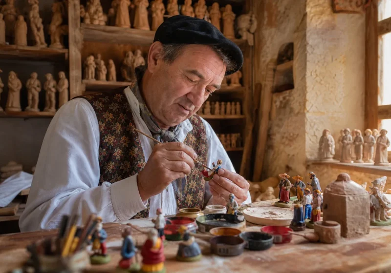 Un santonnier peint au pinceau fin de petites figurines d'argile en costume provençal.
