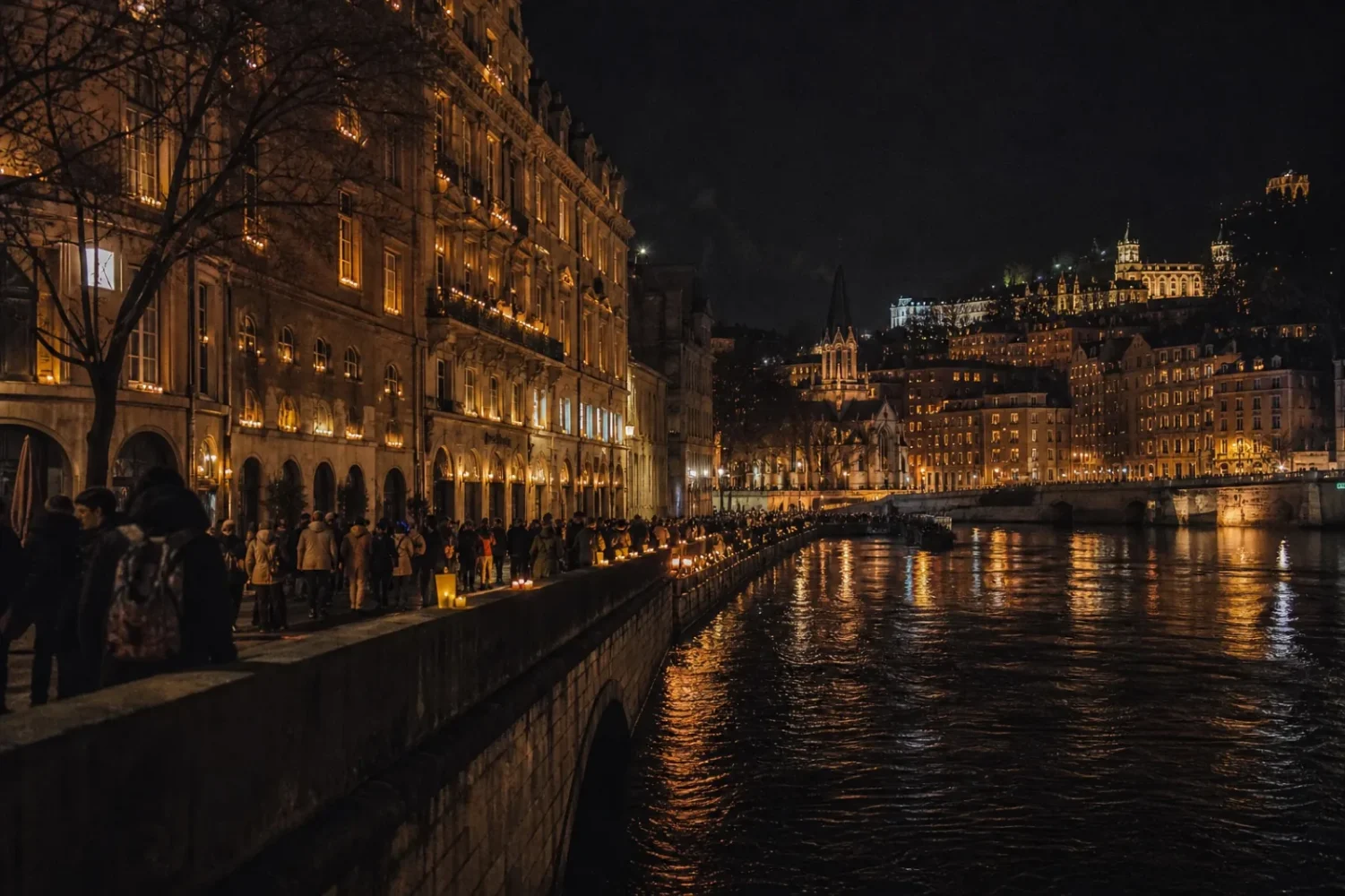 Façades lyonnaises illuminées par des centaines de lumignons posés sur les fenêtres, un soir de décembre.