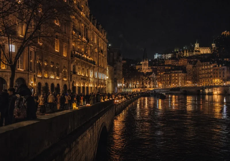 Façades lyonnaises illuminées par des centaines de lumignons posés sur les fenêtres, un soir de décembre.