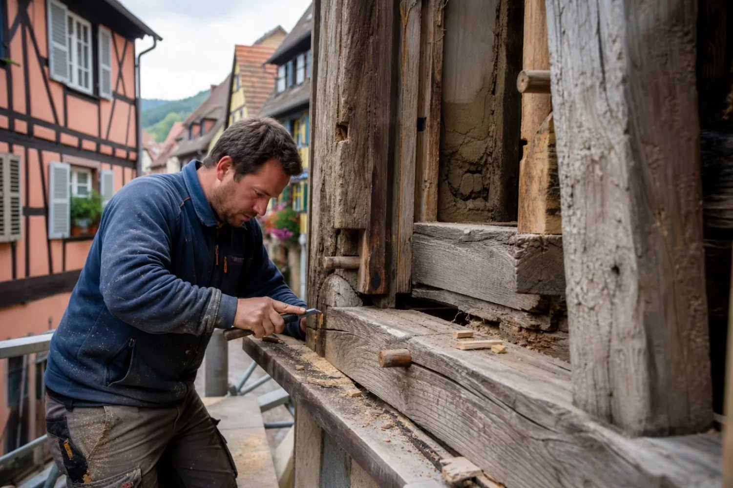 Un charpentier restaure la structure en chêne d'une maison à colombages dans un village alsacien.