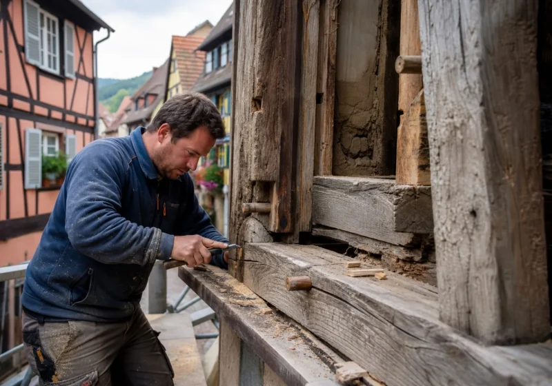 Un charpentier restaure la structure en chêne d'une maison à colombages dans un village alsacien.
