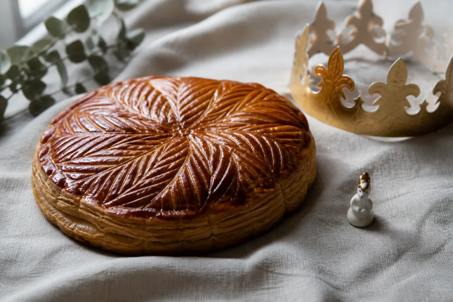 Galette des rois dorée en pâte feuilletée, avec une couronne en papier et une fève en porcelaine.
