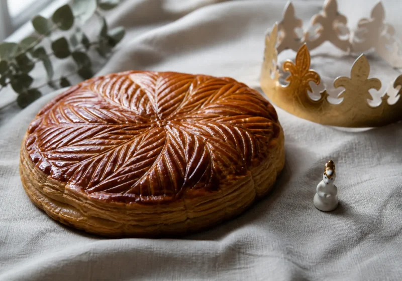 Galette des rois dorée en pâte feuilletée, avec une couronne en papier et une fève en porcelaine.
