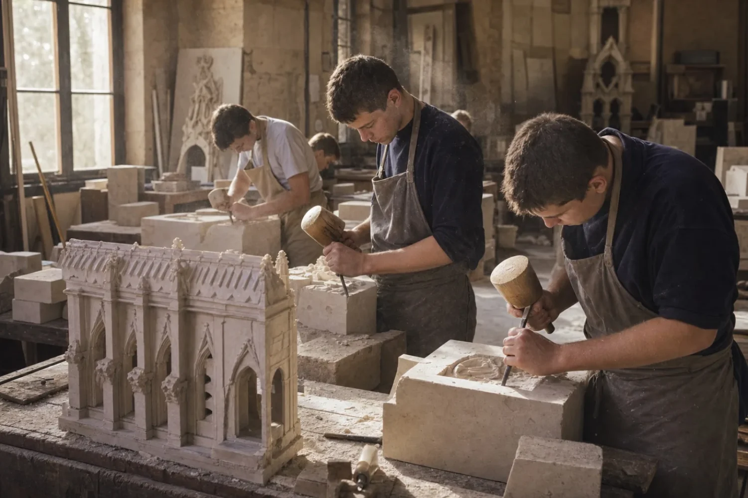 De jeunes apprentis tailleurs de pierre travaillent des blocs de calcaire dans un atelier de formation.