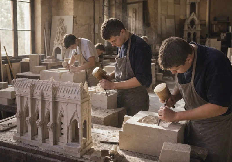 De jeunes apprentis tailleurs de pierre travaillent des blocs de calcaire dans un atelier de formation.