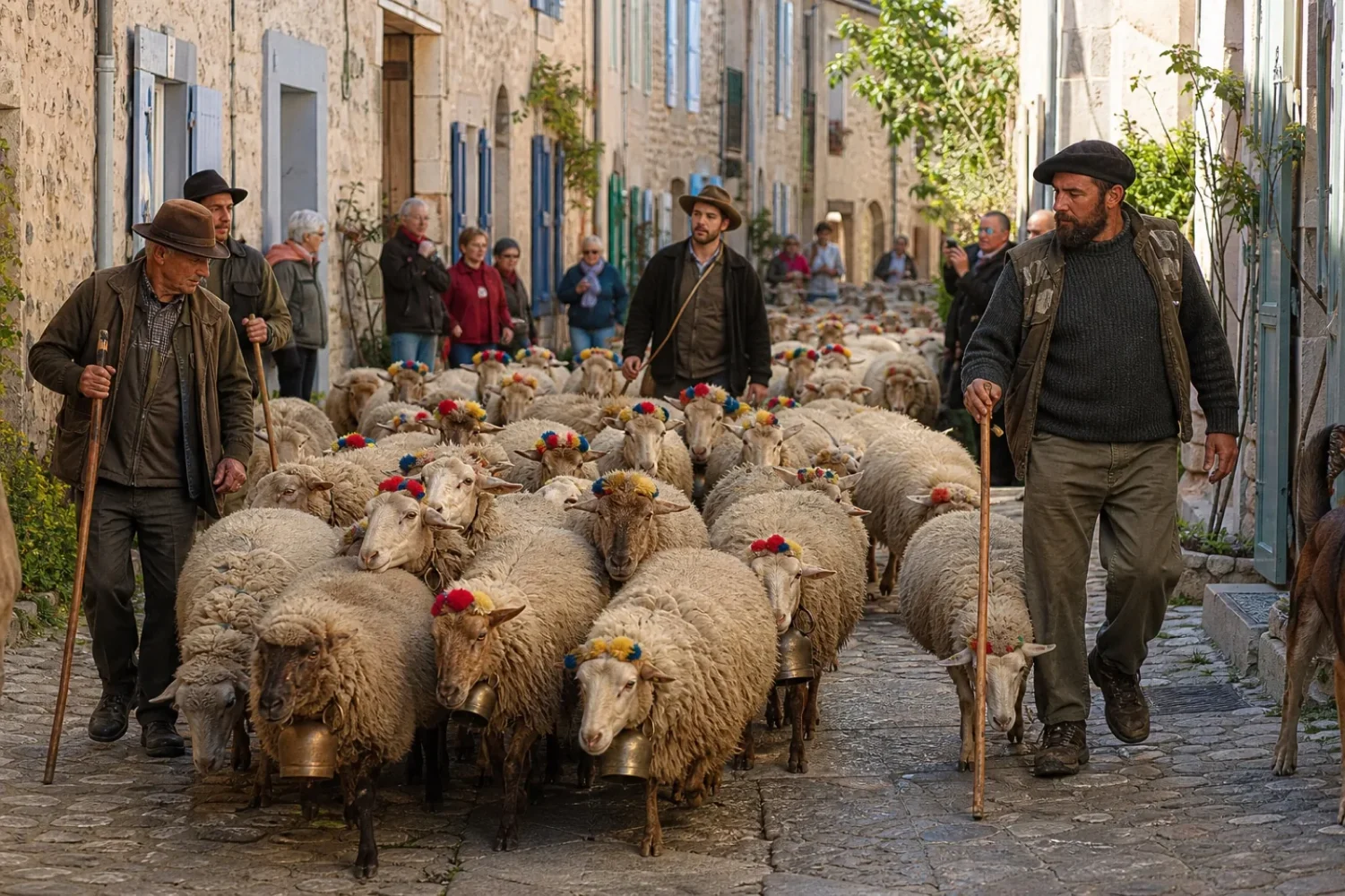 Troupeau de moutons ornés de pompons colorés traversant une rue de village provençal, encadré par des bergers.