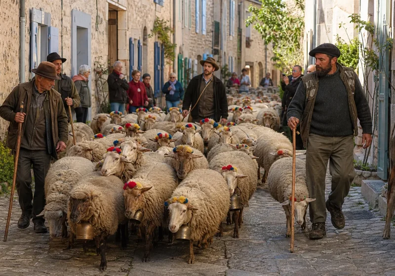 Troupeau de moutons ornés de pompons colorés traversant une rue de village provençal, encadré par des bergers.
