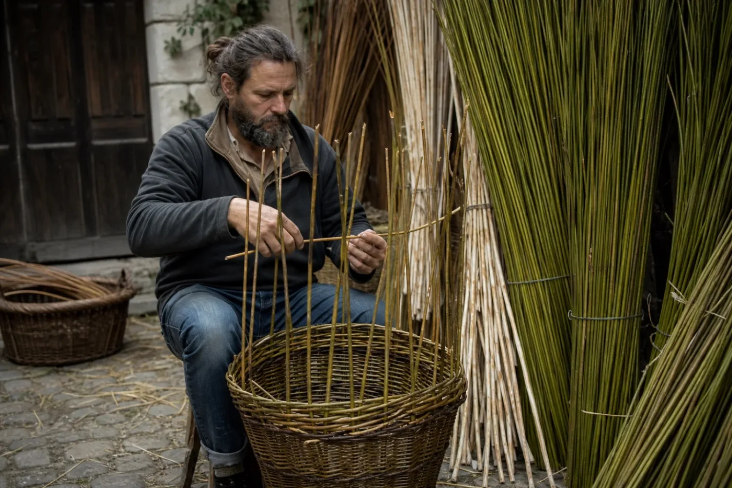 Un vannier tresse des brins d'osier pour former un grand panier dans une cour ensoleillée.