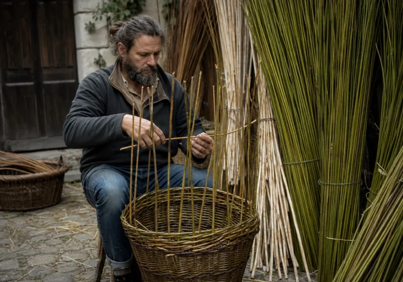 Un vannier tresse des brins d'osier pour former un grand panier dans une cour ensoleillée.