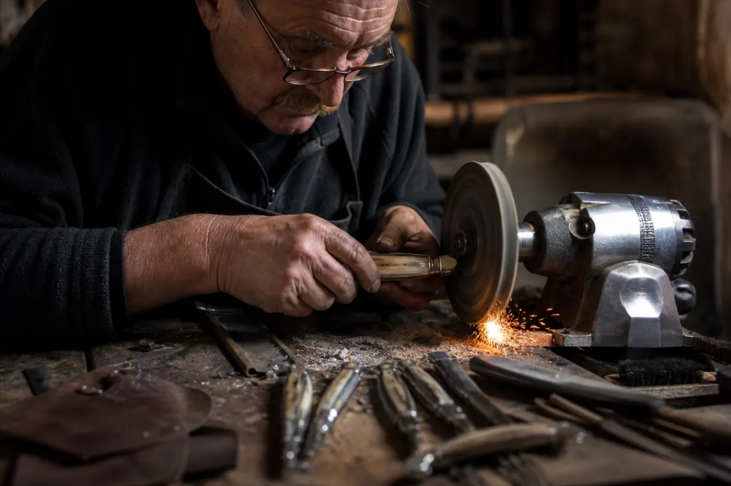 Un coutelier polit un couteau pliant à manche en corne dans un atelier de Laguiole.