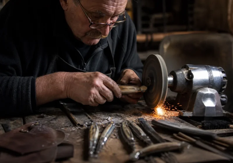 Un coutelier polit un couteau pliant à manche en corne dans un atelier de Laguiole.
