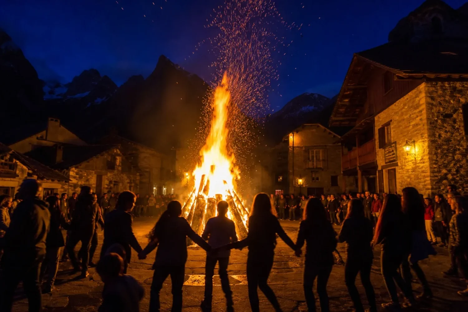 Grand feu de la Saint-Jean dans un village de montagne, avec des villageois en cercle autour des flammes.