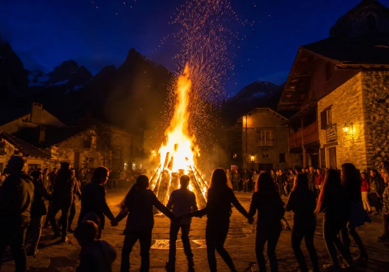 Grand feu de la Saint-Jean dans un village de montagne, avec des villageois en cercle autour des flammes.