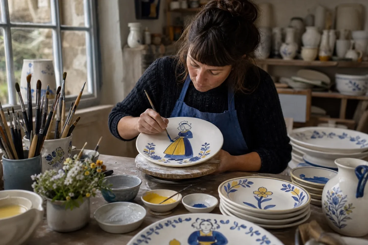 Une peintre en faïence décore une assiette blanche de motifs bleus et jaunes dans un atelier de Quimper.