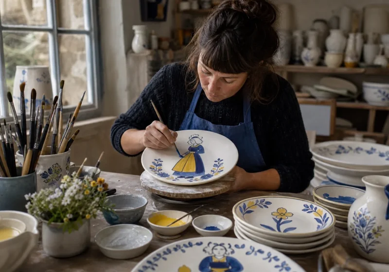 Une peintre en faïence décore une assiette blanche de motifs bleus et jaunes dans un atelier de Quimper.
