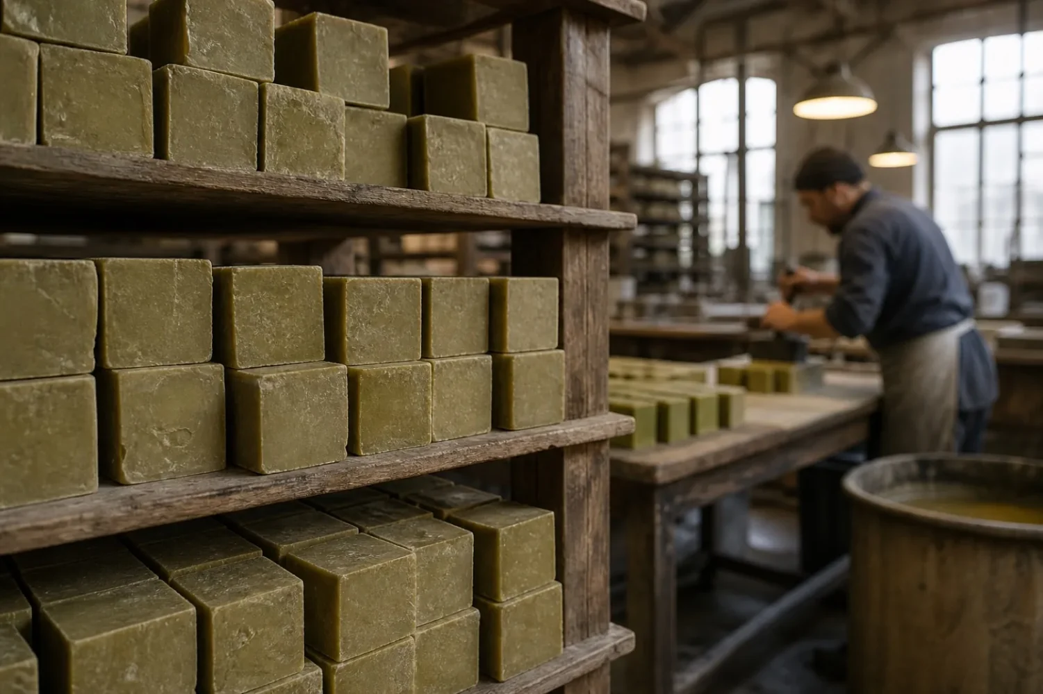 Cubes de savon vert séchant sur des claies en bois dans une savonnerie de Marseille.