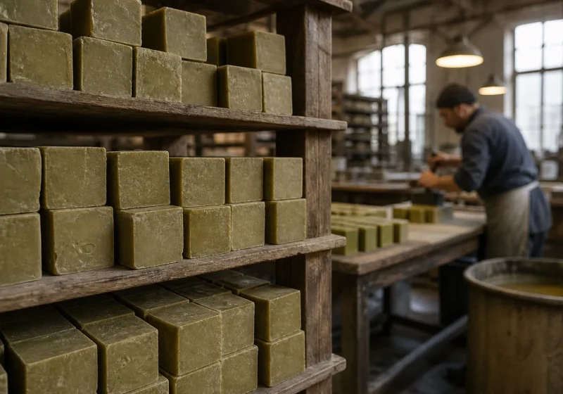 Cubes de savon vert séchant sur des claies en bois dans une savonnerie de Marseille.