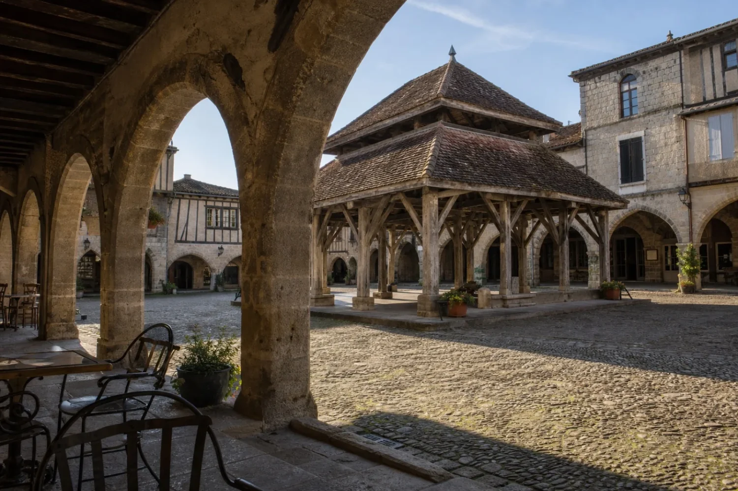 Place à arcades d'une bastide du Sud-Ouest avec sa halle en bois et ses maisons de pierre.