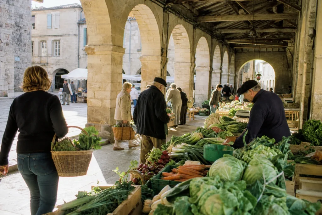 Marché hebdomadaire sous les arcades de pierre d'une place de bastide, étals de légumes et habitants.
