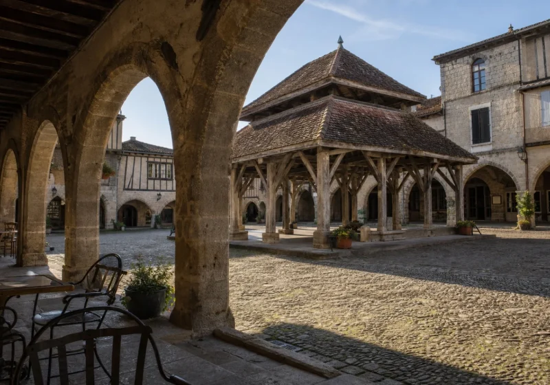 Place à arcades d'une bastide du Sud-Ouest avec sa halle en bois et ses maisons de pierre.