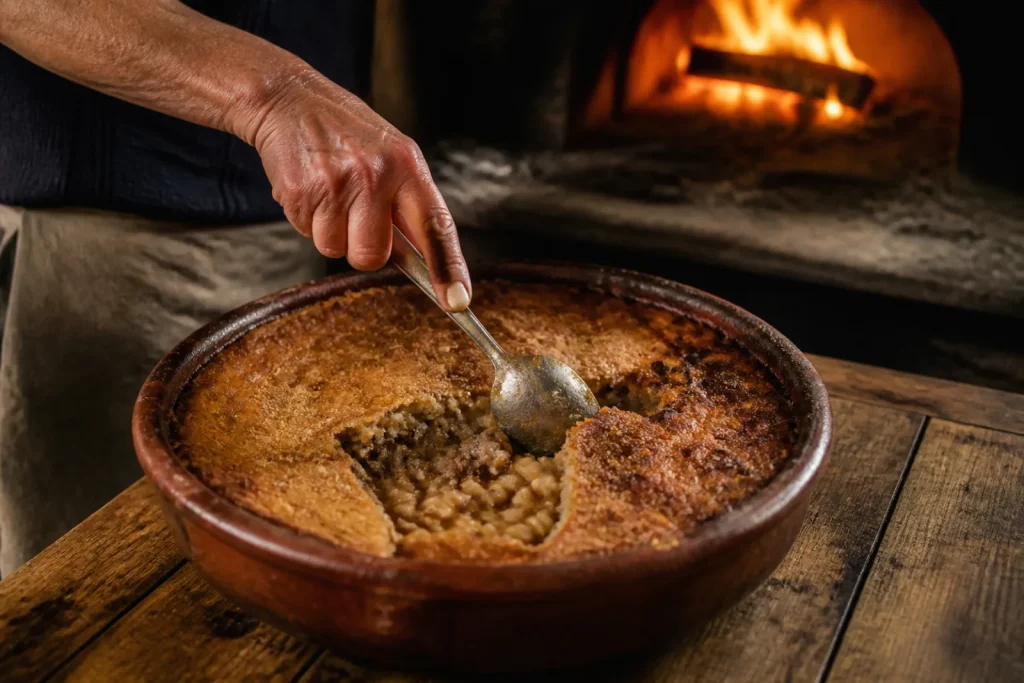 Main de cuisinière cassant la croûte dorée d'un cassoulet dans une cassole en terre cuite.