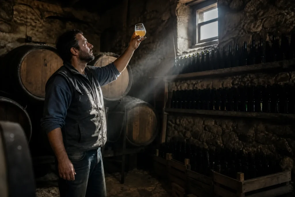 Cave à cidre avec des fûts de chêne, un producteur examinant un verre de cidre ambré à la lumière.