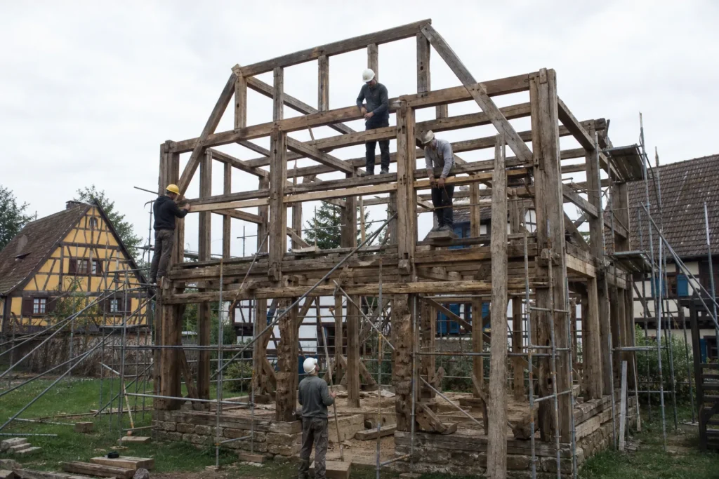 Ossature en chêne numérotée d'une maison à colombages en cours de remontage dans un musée de plein air.