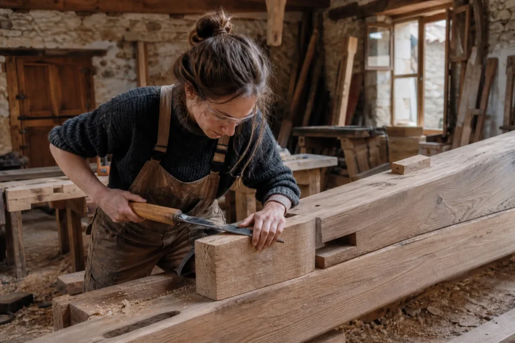Une jeune charpentière ajuste un assemblage de chêne sur une ferme de toit dans un atelier.