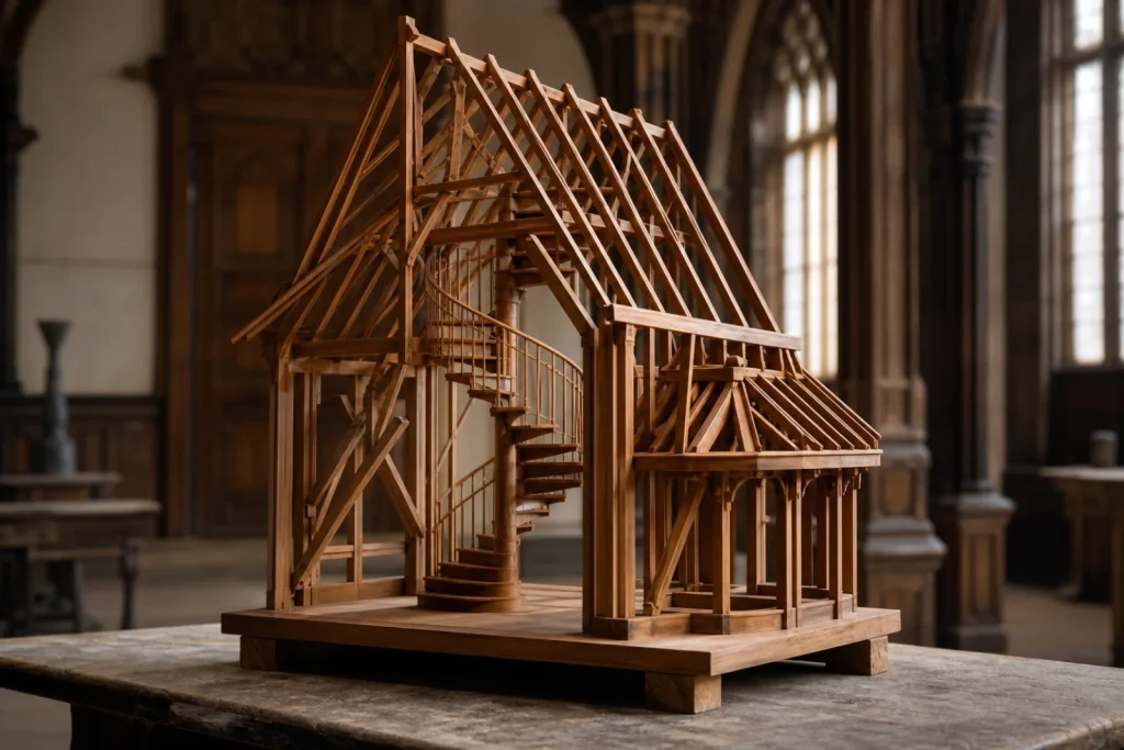 Maquette en bois d'un escalier en spirale et d'une charpente exposée sur une table, chef-d'œuvre de compagnon.
