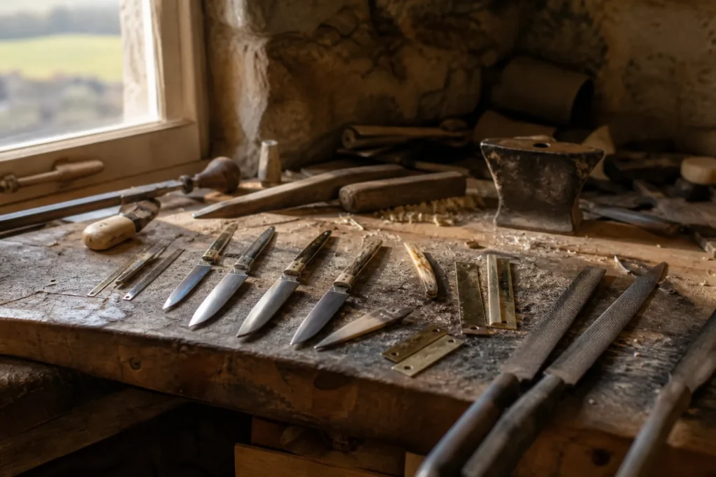 Établi de coutelier avec des couteaux pliants en cours de montage, limes et platines en laiton.