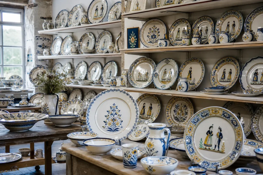 Étagères d'assiettes et de bols en faïence de Quimper à décor bleu et jaune, avec des petits Bretons.