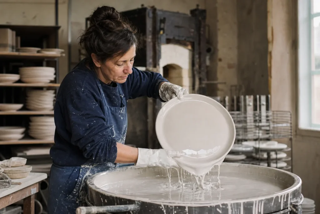 Un ouvrier trempe une assiette biscuitée dans un bain d'émail blanc, dans un atelier de céramique.
