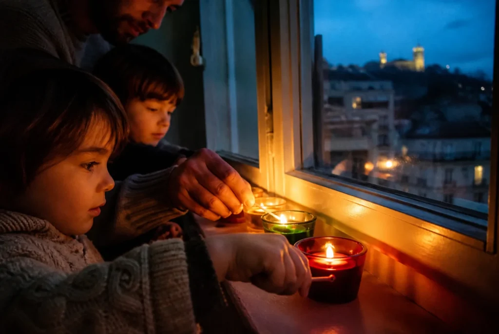 Mains d'une famille allumant de petites bougies dans des verres colorés sur un rebord de fenêtre.