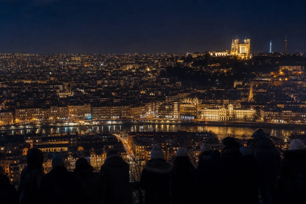 Vue nocturne de Lyon depuis Fourvière, basilique illuminée et milliers de lumières dans la ville.
