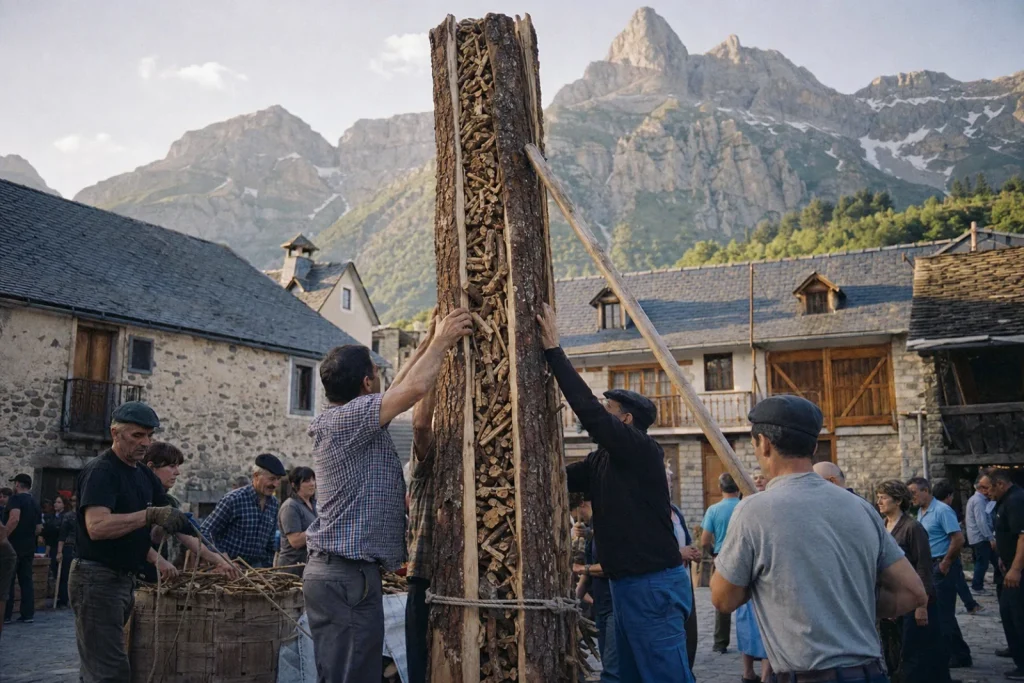 Villageois préparant un grand tronc de sapin fendu sur une place de village pyrénéen.