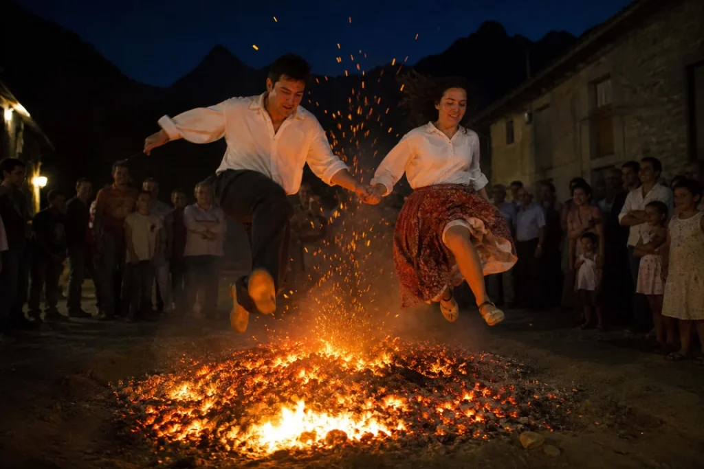 Deux jeunes sautant main dans la main au-dessus des braises d'un feu de la Saint-Jean, la nuit.