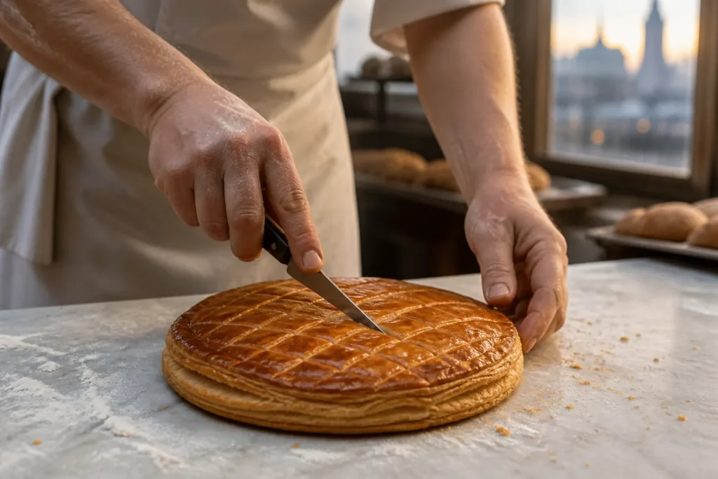 Mains d'un boulanger traçant un décor en losanges à la pointe du couteau sur une galette dorée.