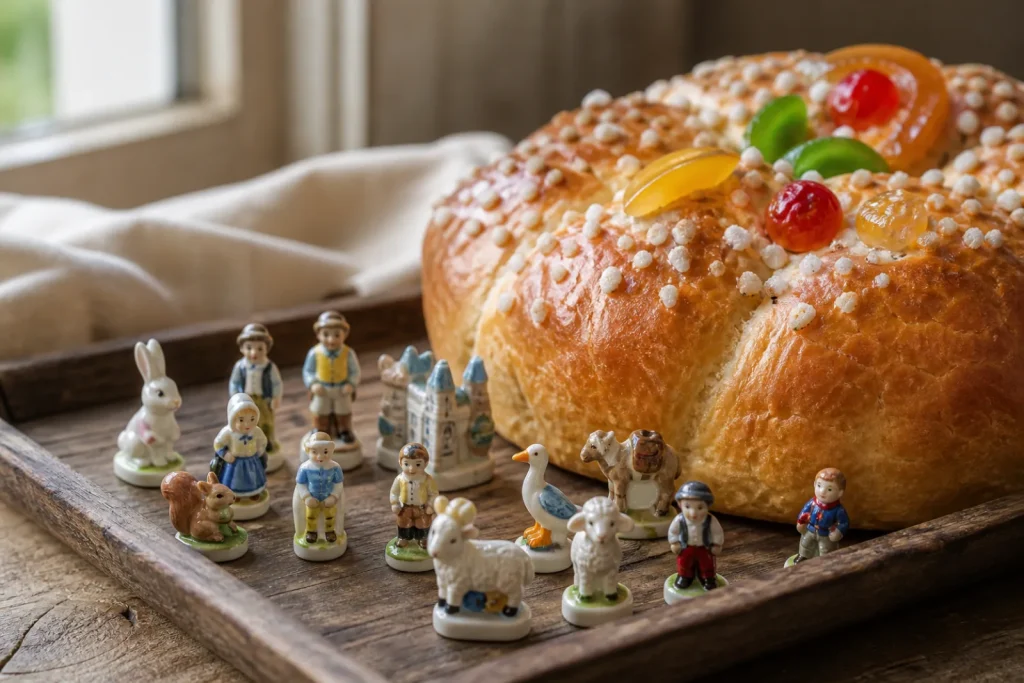 Collection de petites fèves en porcelaine sur un plateau, à côté d'une brioche des rois provençale aux fruits confits.