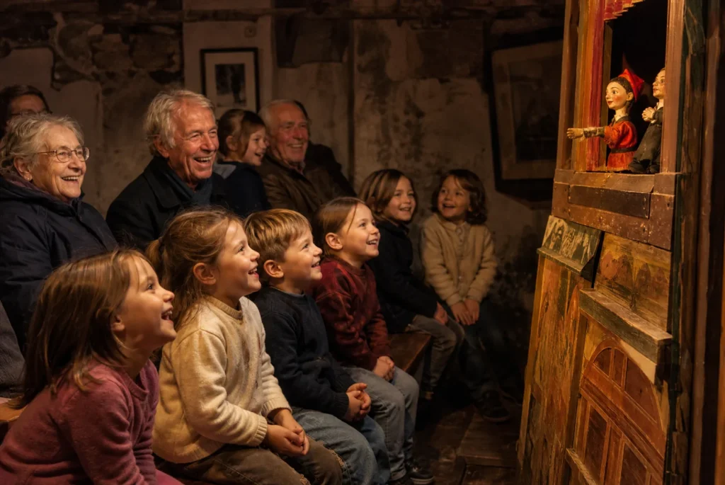 Public d'enfants et de grands-parents riant sur des bancs dans un petit théâtre de marionnettes à Lyon.
