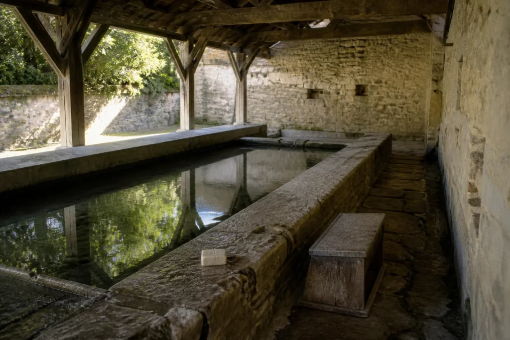 Intérieur d'un lavoir couvert en pierre avec son long bassin, sa margelle inclinée et une caisse à laver en bois.