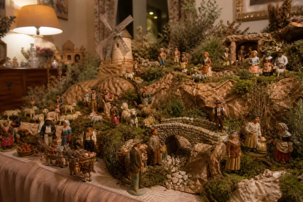 Grande crèche provençale sur une table, collines en papier peint, mousse, moulin, pont et dizaines de santons.