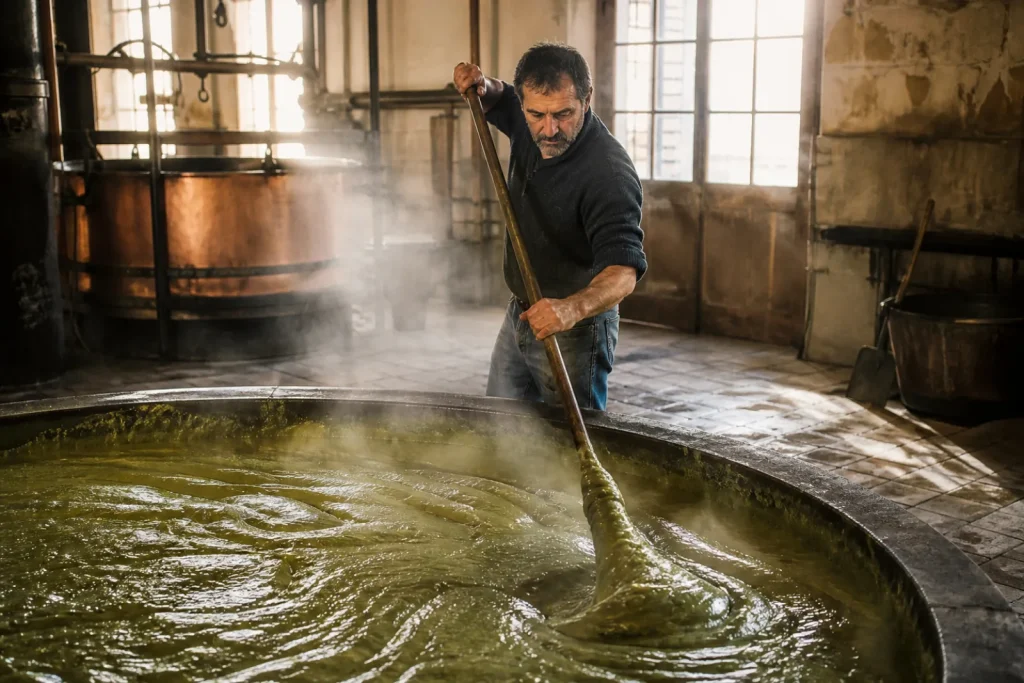 Un maître savonnier brasse la pâte de savon dans un grand chaudron fumant.