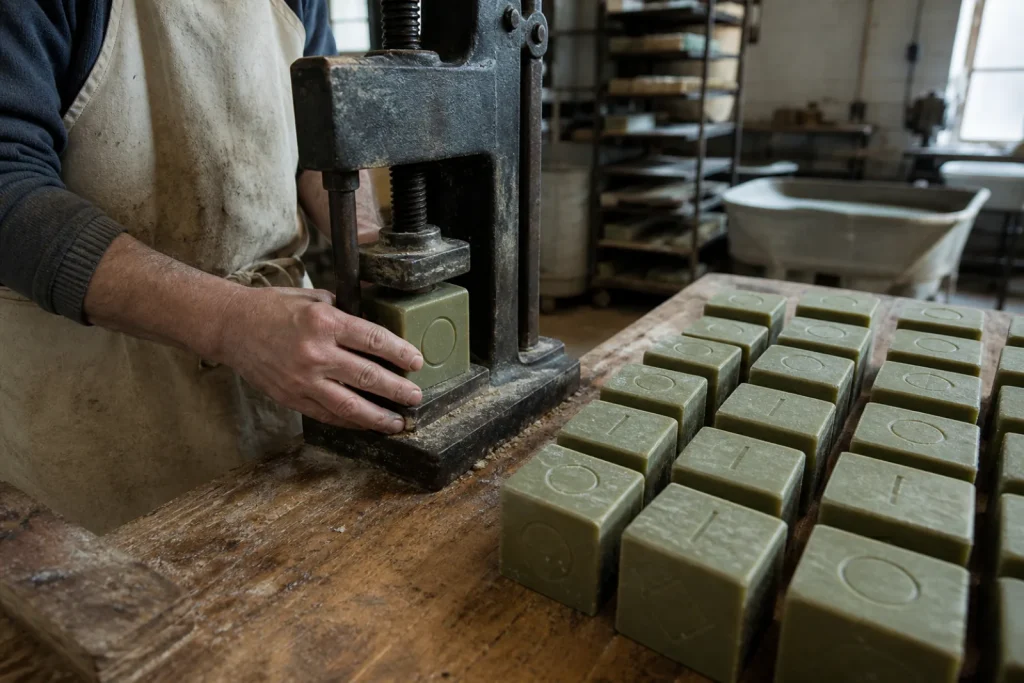Un ouvrier frappe des cubes de savon vert au tampon sur une table en bois.