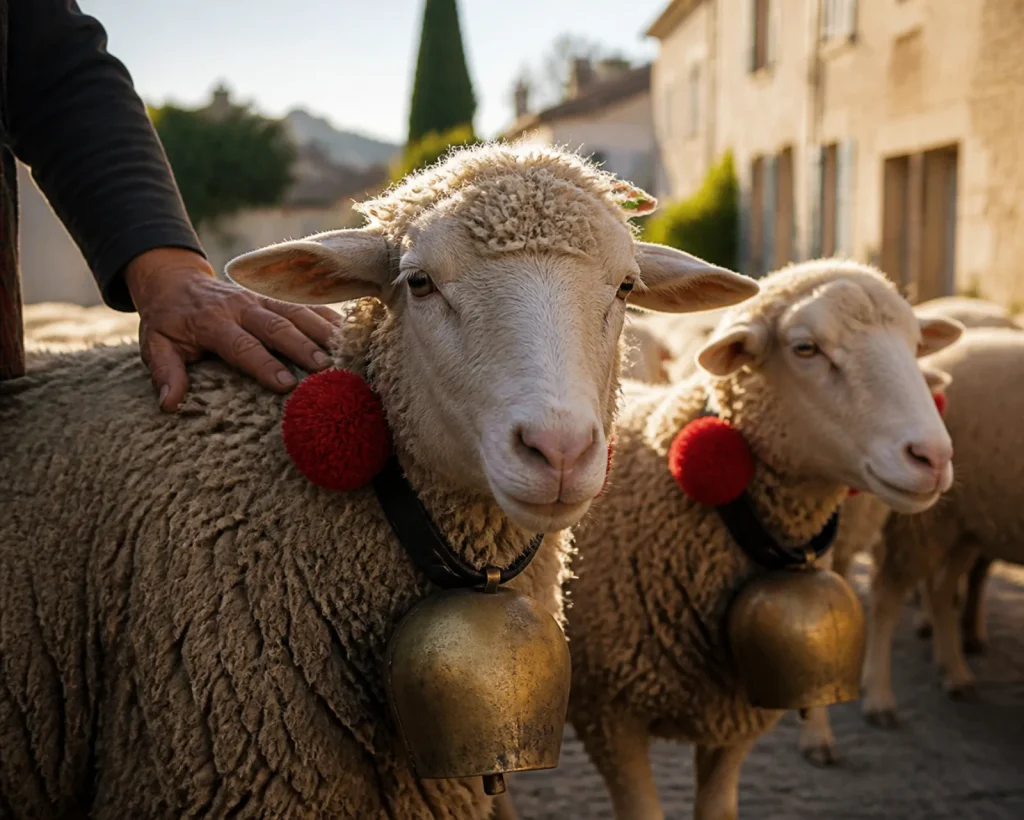 Moutons de tête portant de grosses cloches en bronze et des pompons rouges, main d'un berger posée sur l'un d'eux.